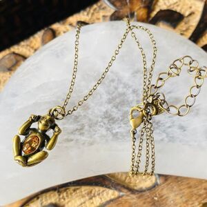 Hear No Evil Monkey Necklace Antique Copper Citrine Crystal